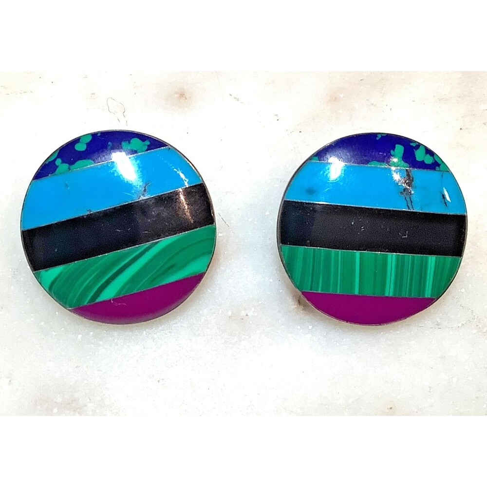 Sterling Earrings Mexico Clip On 925 Silver Inlaid Stones Turquoise Signed CII
